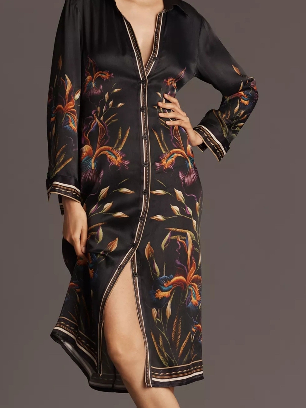 Satin Floral Button-Front Dress - Black